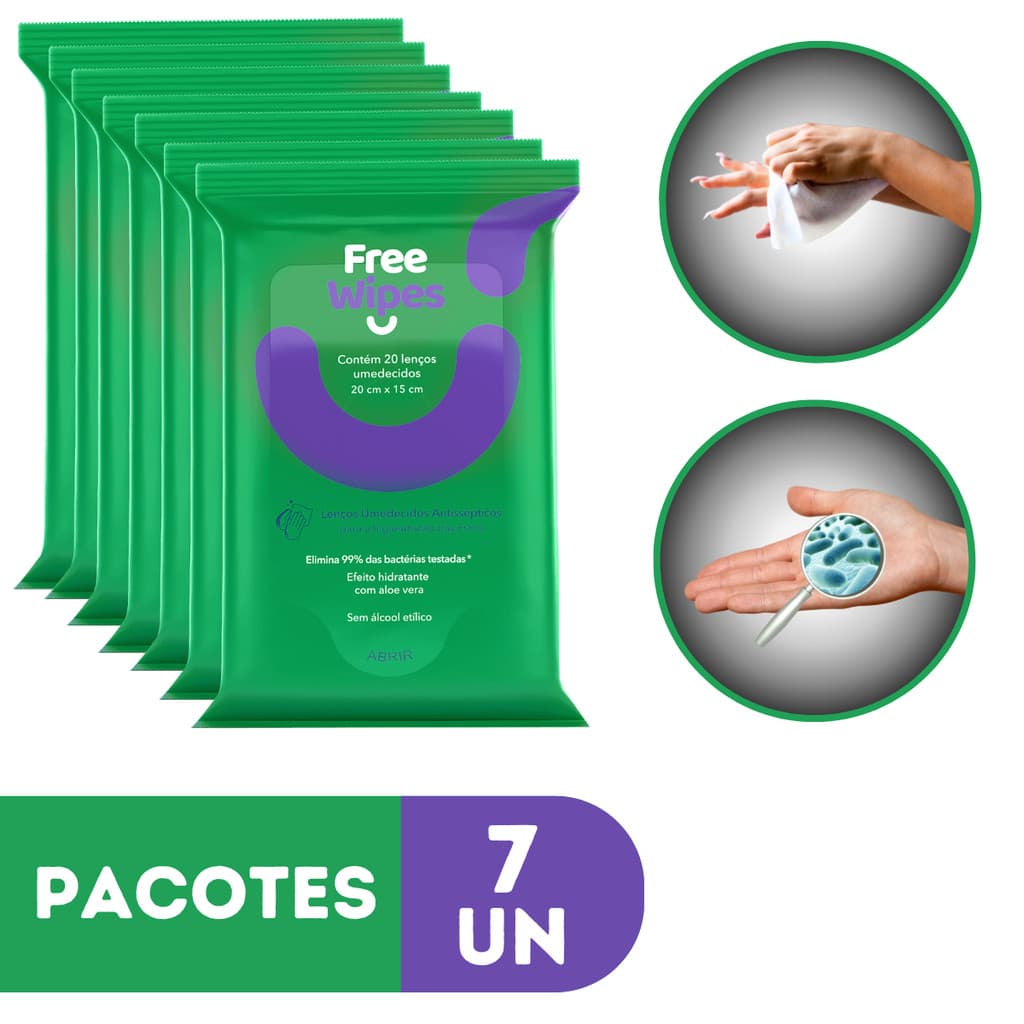 Lenço Umedecido Antisséptico Para Mãos De Bolsa Free Wipes Kit 7 Pacotes