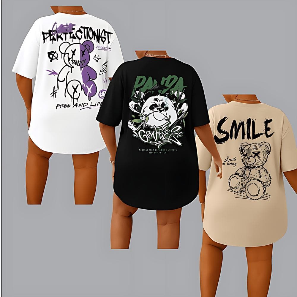 Kit 3 Camiseta Feminina Algodão Premium Adulto Plus Size Infantil Streetwear Over Panda Grafitti Urso Beng Perfectionist