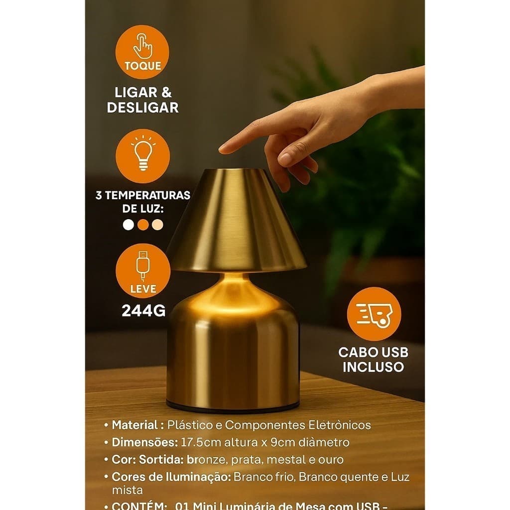 Mini Luminária Mesa USB Abajur  Estudo Leitura  Luz Clarear Lâmpada lanterna Dourada Presente