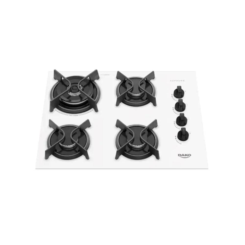 Cooktop 4 Bocas a Gás Dako Supreme com Mesa de Vidro e Tripla Chama Bivolt Branco