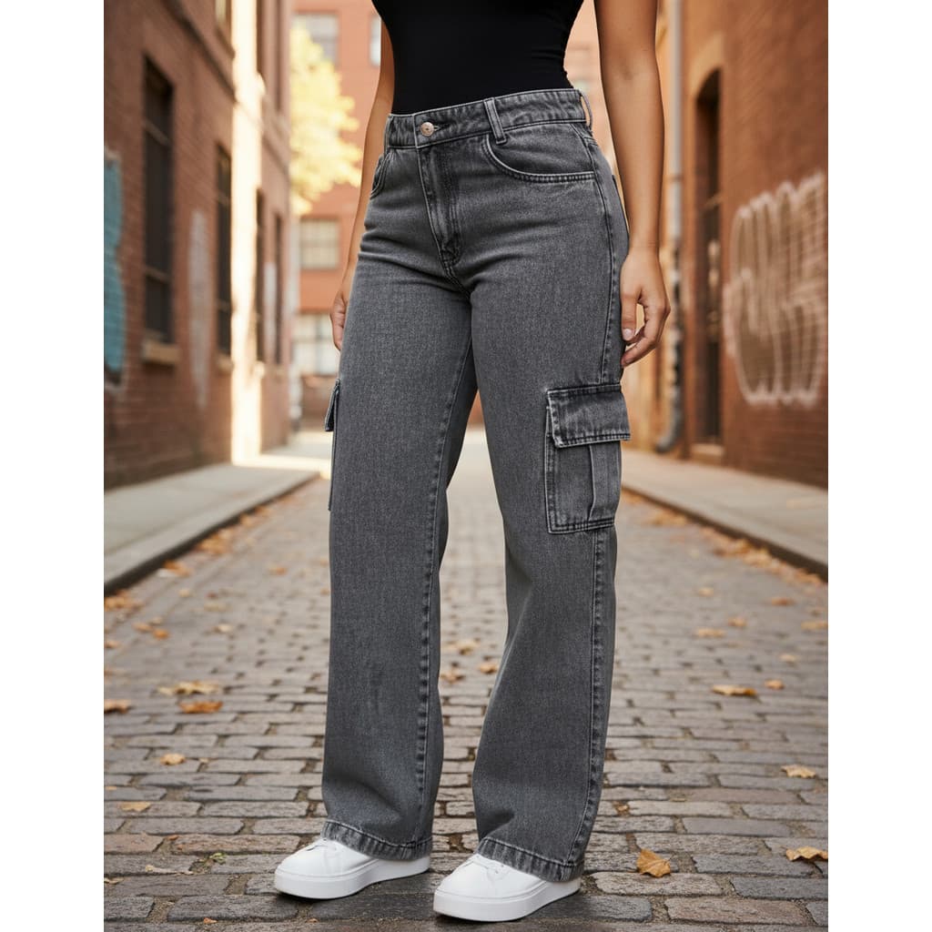 Calça Feminina Wide Leg Cargo, Cintura Alta
