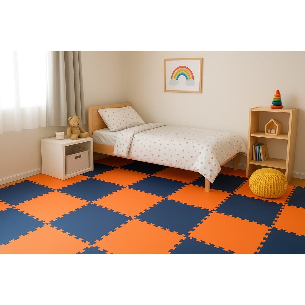Kit 6 Tatames Tapetes EVA 50x50x1cm AZUL MARINHO e LARANJA Linha Premium com Bordas de Acabamento