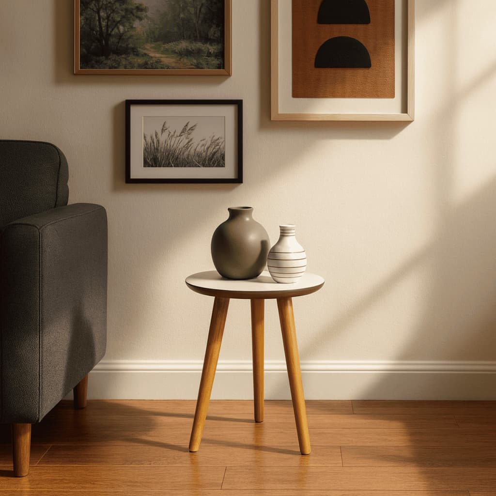 Mesa Lateral Compacta Tampo Redondo 35cm Com Pés Palitos Tripé Para Sala Decorativa