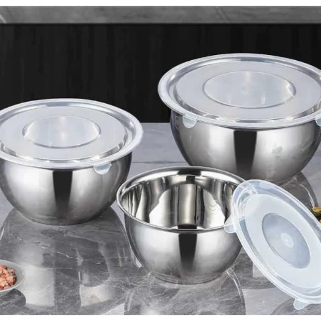 Conjunto de Bowls Tigelas de Inox com Tampa Plastica -bacia inox bowl inox