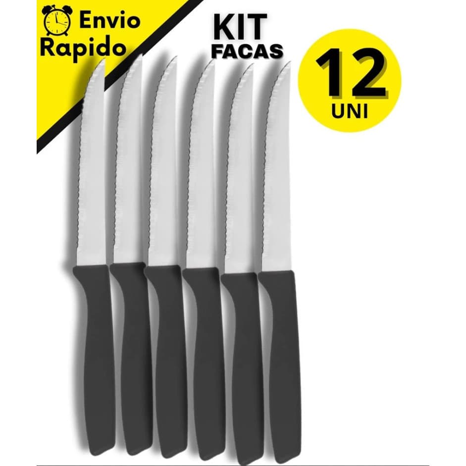 Kit 12 Facas Inox 22cm com Cabo Preto – Ideal para Churrasco e Cozinha Premium