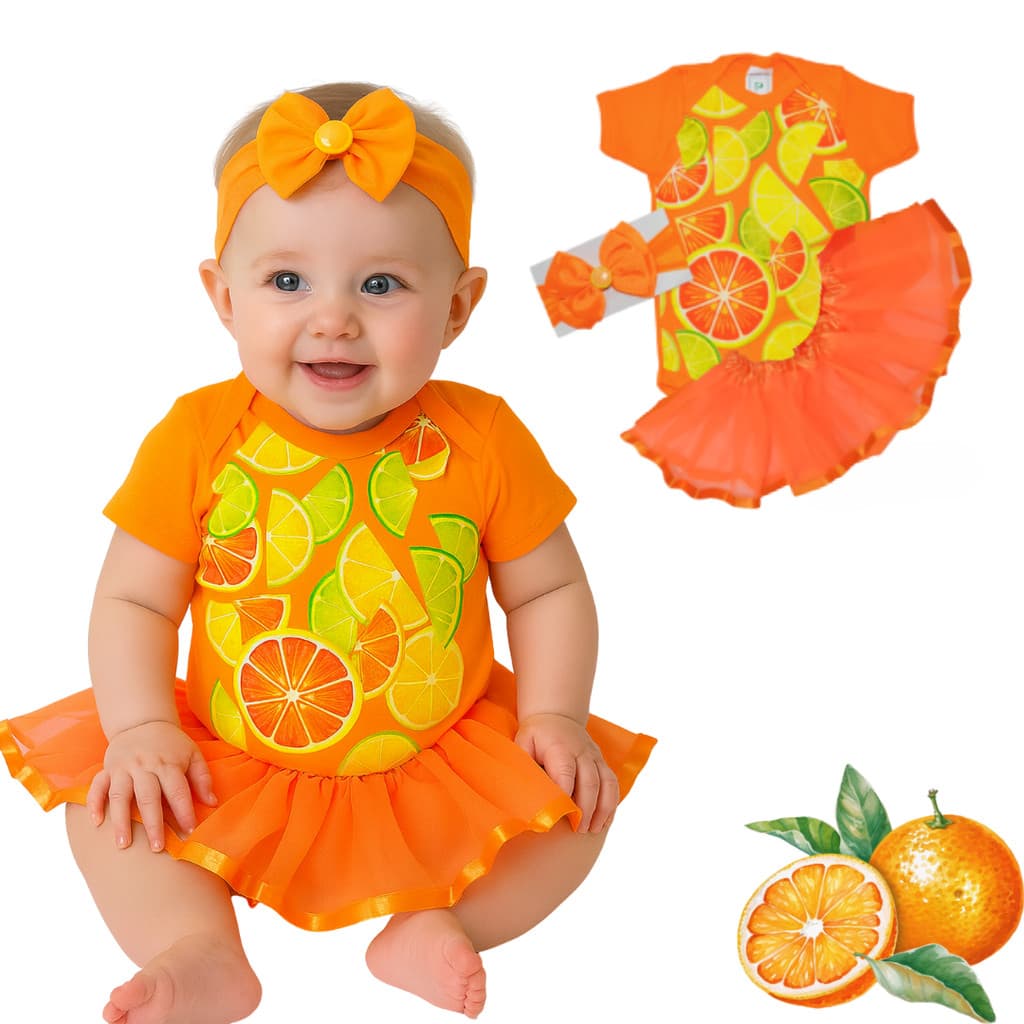 Body Bebê Infantil  Menina Mêsversário Temático Frutinhas Laranja Super Confortável Promoção