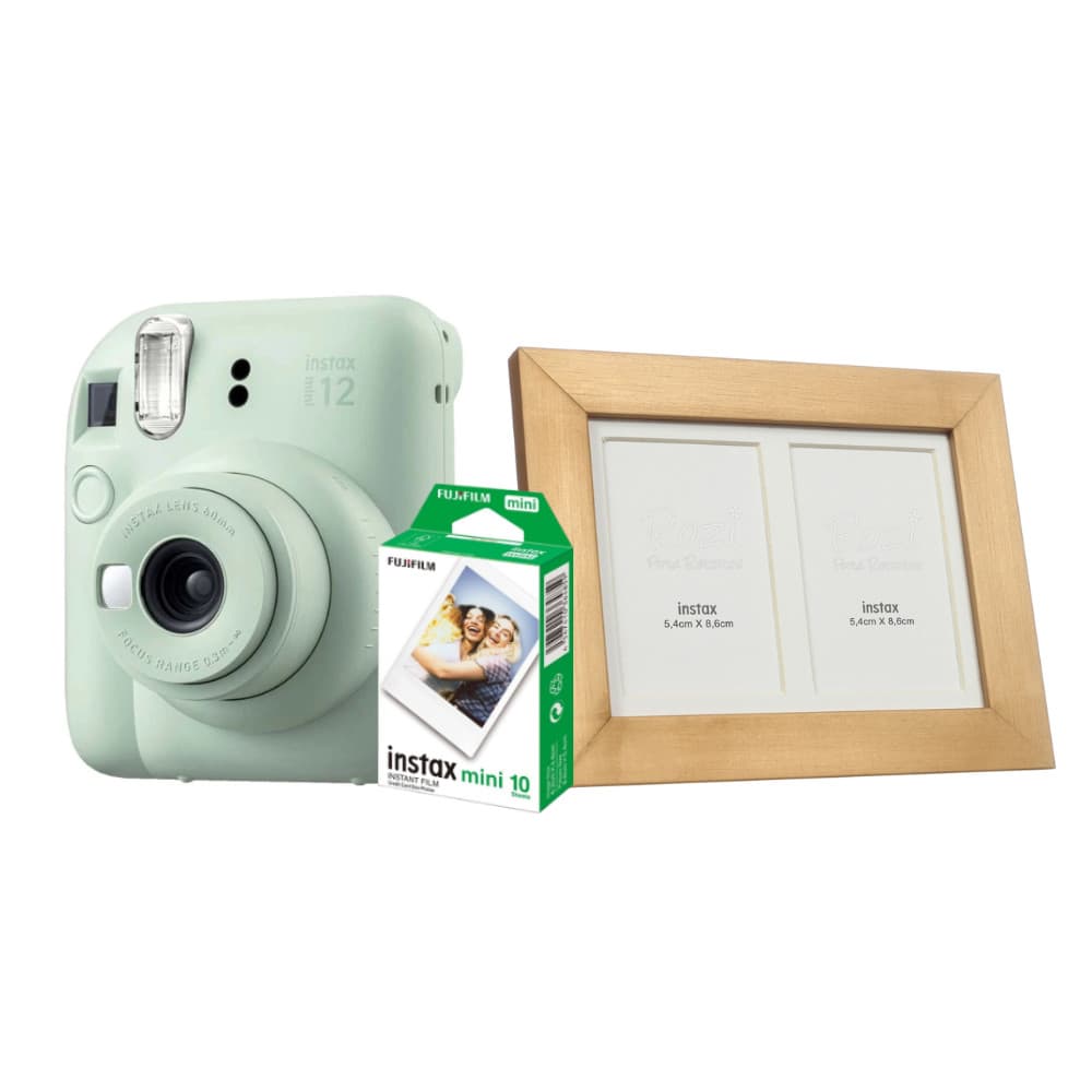 Kit Instax Mini 12 Verde Menta + 10 FT + 5 Porta Retrato Dourado