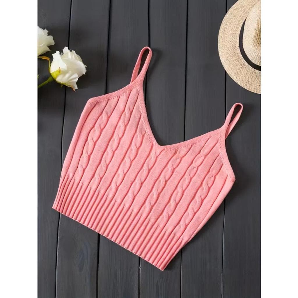 Top elegante sem mangas com decote em V para mulheres Textura de costela elástica e macia cor sólida