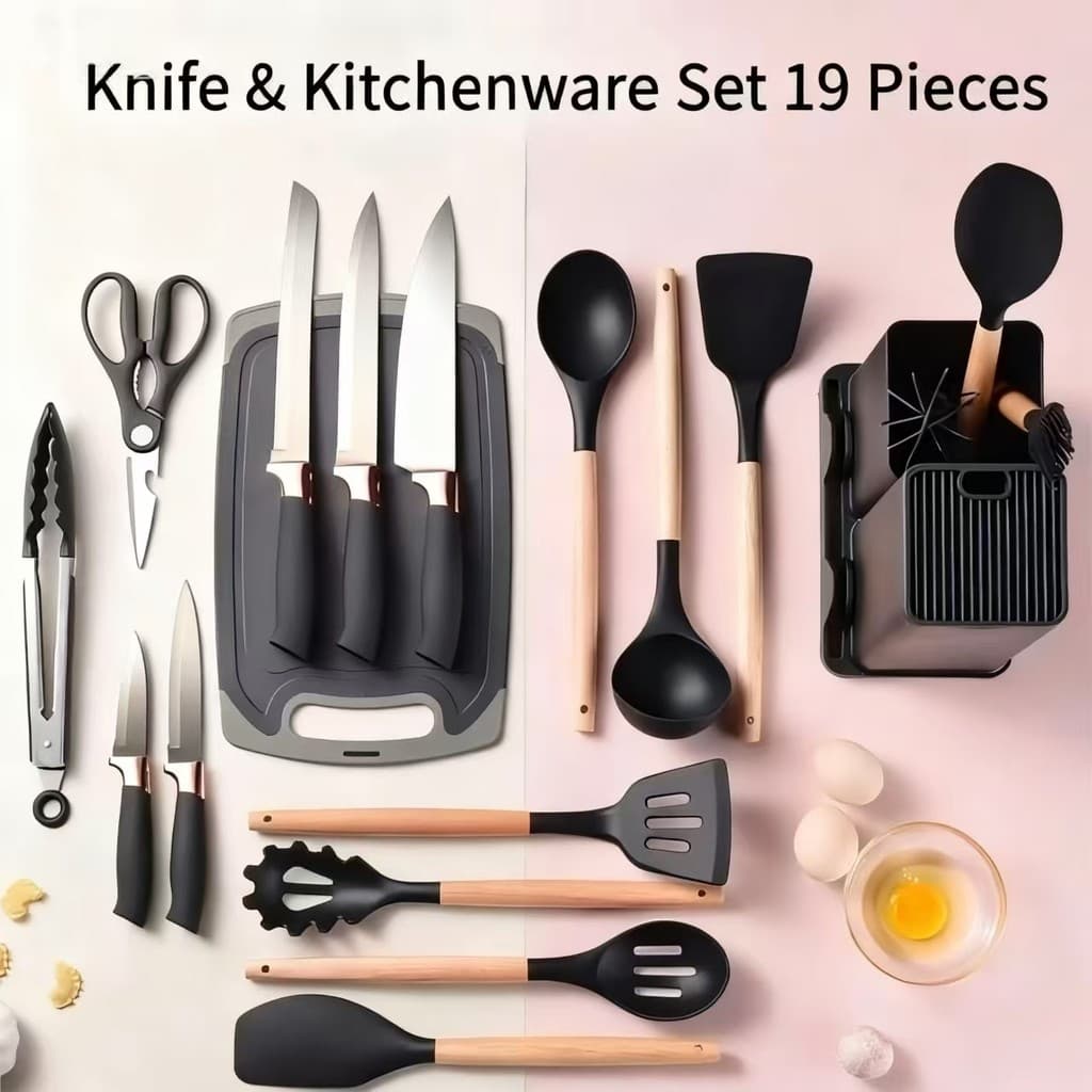 Conjunto de 5-19 peças, acessórios de jogo de utensílios de cozinha de Silicone com poste de madeira