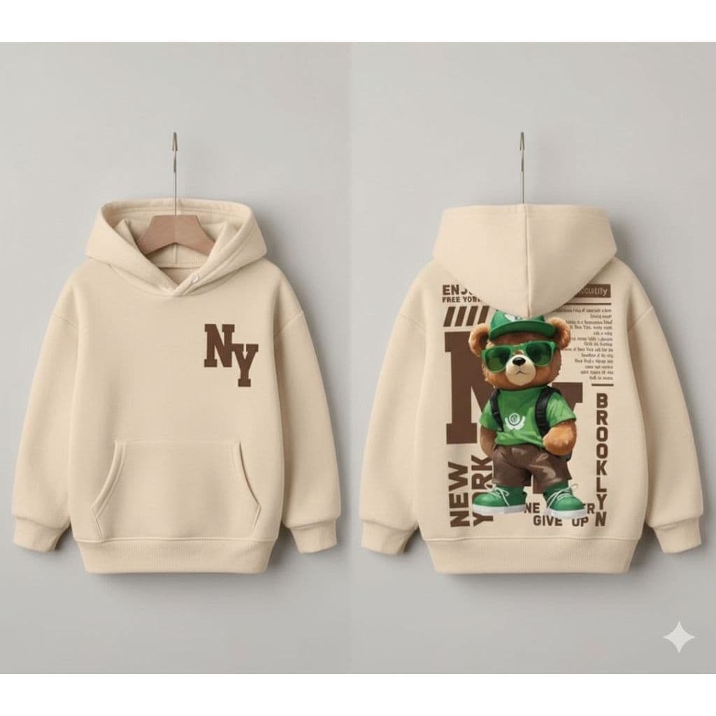 Moletom com Capuz de Manga Longa Confortável com Estampa de Urso Cartoon NY Minimalista para Meninos