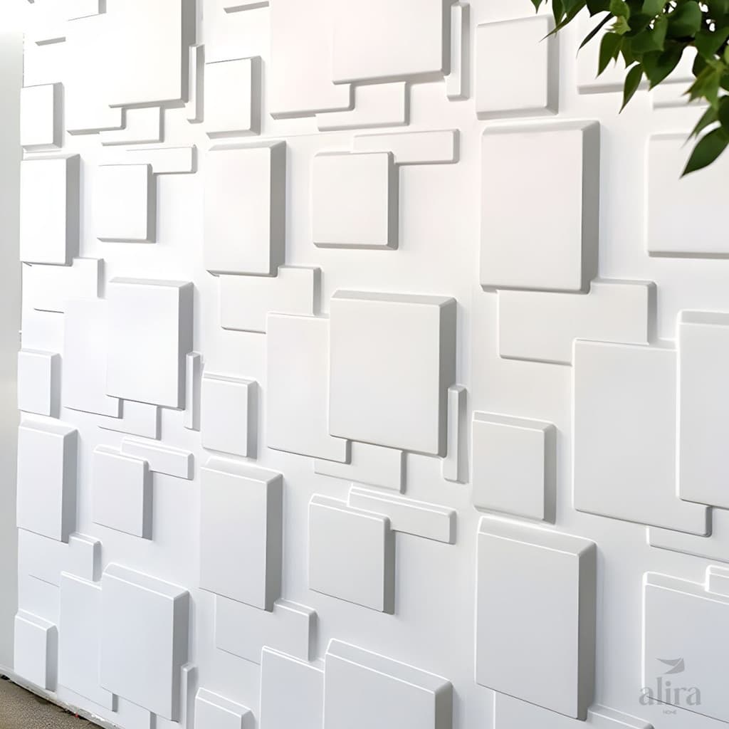 Kit 10 Placas 3D Revestimento em PVC - Modelo Retângulos - Branco - 50x50cm