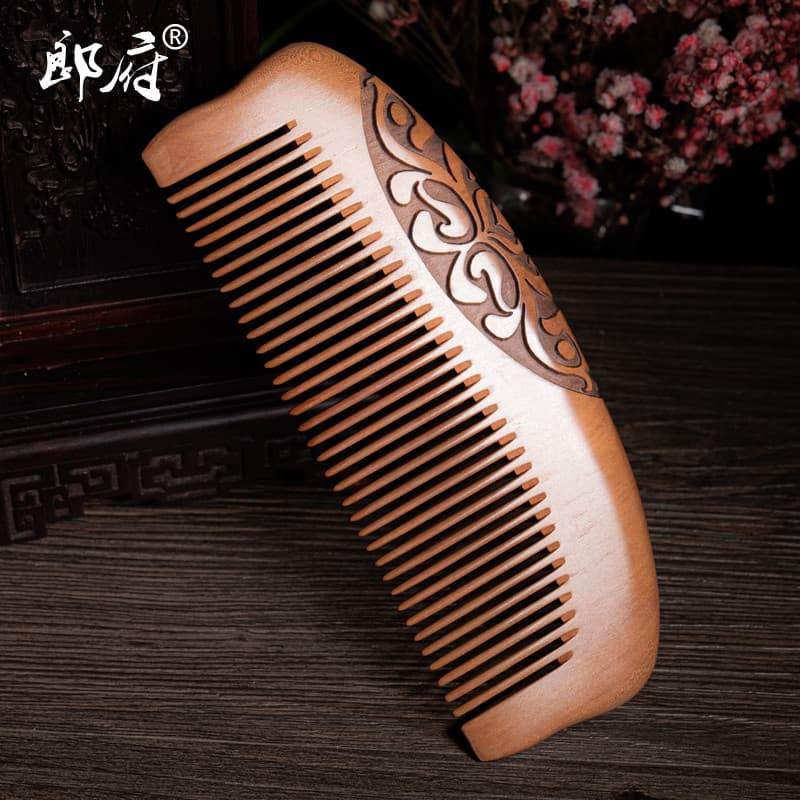 Langfu Natural velho pêssego madeira pente de madeira inteira dupla face esculpida cabelo liso estilo dente fino pente d