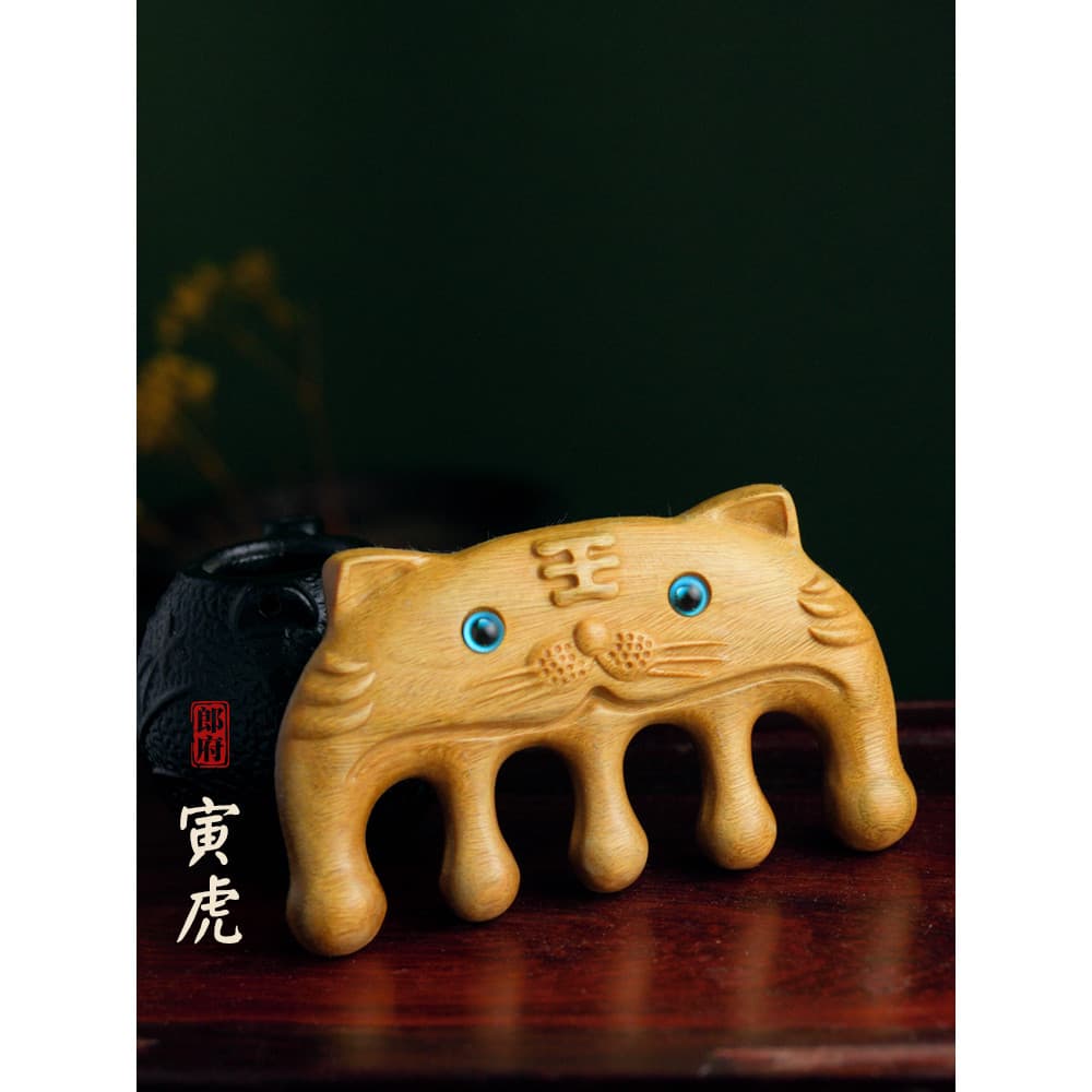 Langfu Natural verde sândalo pente escultura Yinhu massagem cabeça meridiano pente couro cabeludo cabeça terapia gota de
