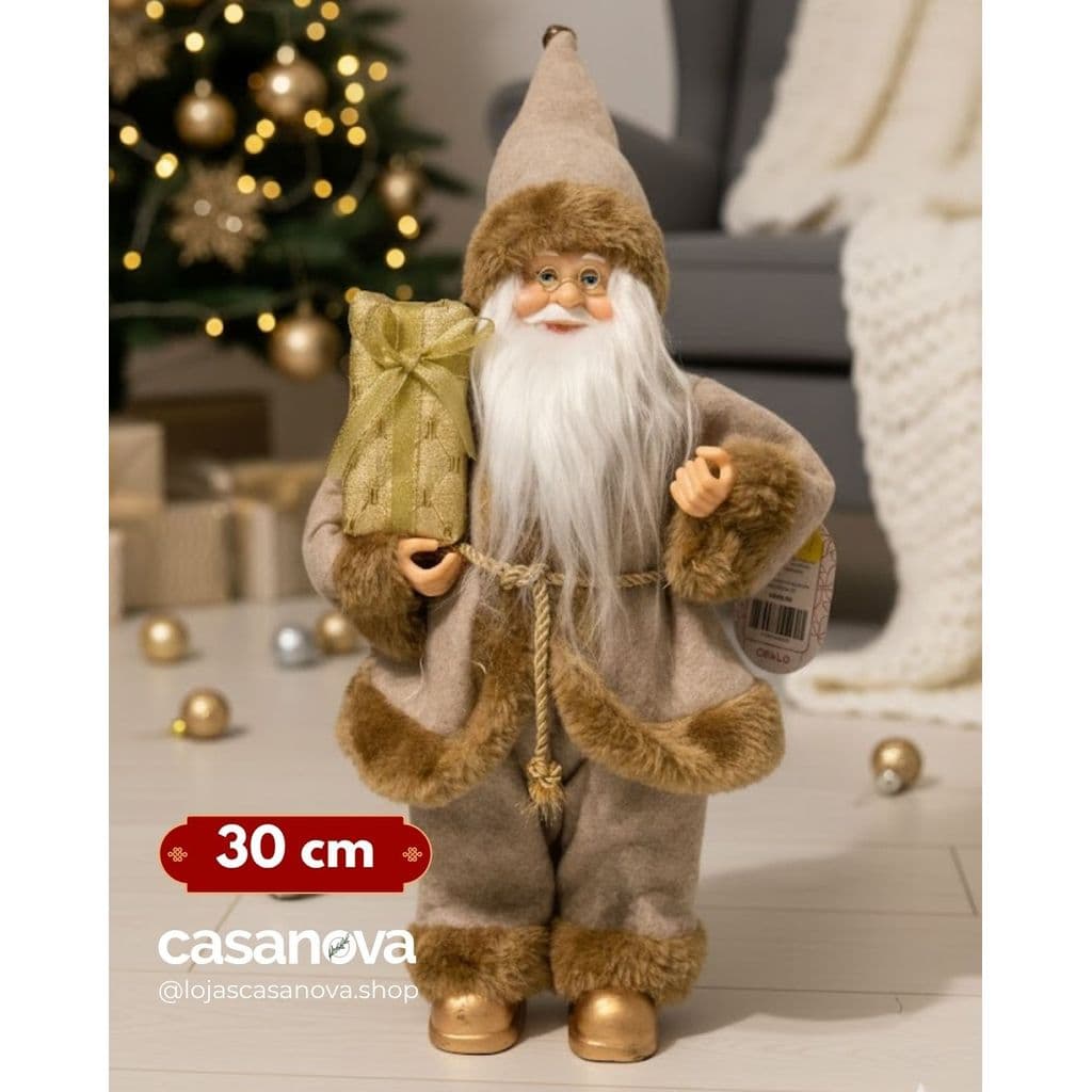 Papai Noel em Pé 30cm Bege/Dourado – Decoração Natalina Premium