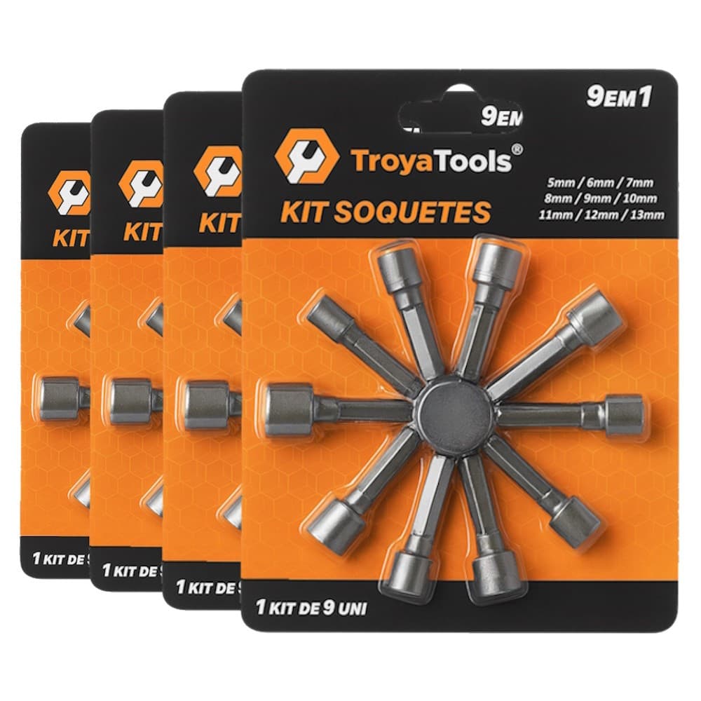4 Jogos De Soquetes Troya Tools 9 em 1 De 5mm a 13mm Para Parafusadeira e Manutenção