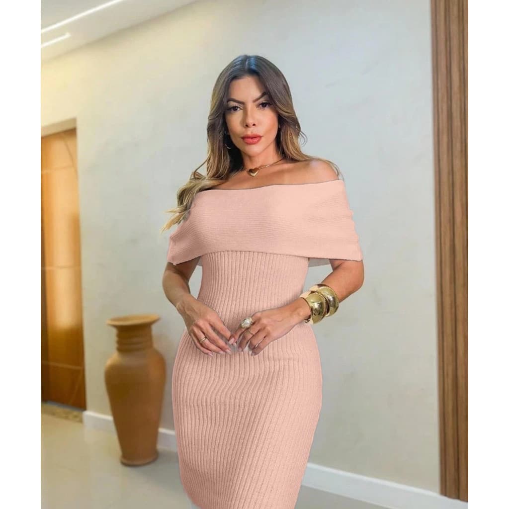 Vestido Midi Elegate Tricô Ombro A Ombro Ciganinha Com Fenda