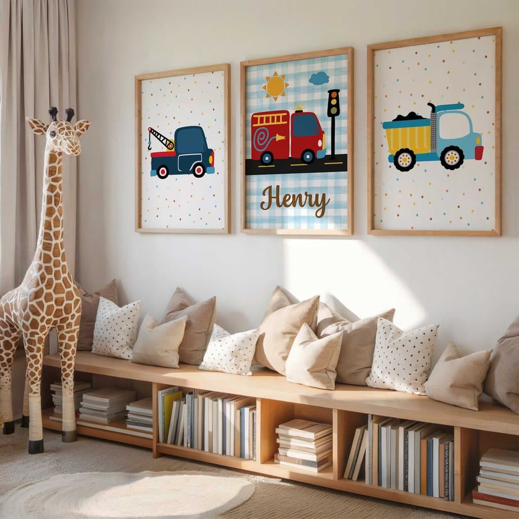 Quadro Decorativo 3 peças Carros Carrinhos Quarto Infantil Menino - NOME EM ACRÍLICO