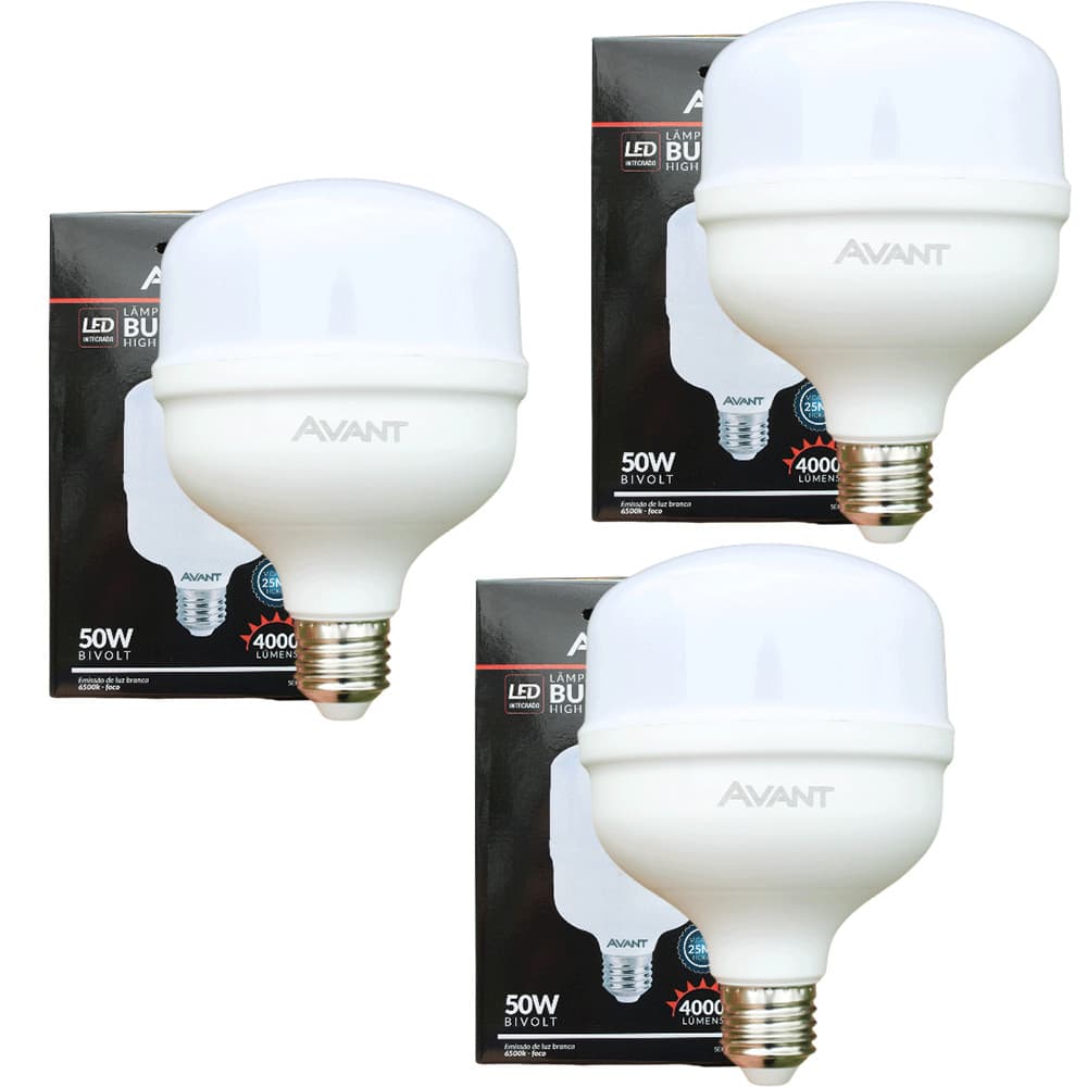 Kit 3 Lâmpadas LED Avant 50W High Power 4000lm Luz Branca 6500K Bivolt Base E27 Alta Iluminação