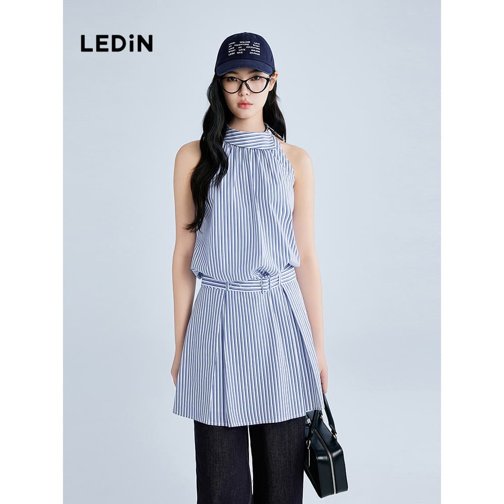 [Mesmo estilo em Shopping] Le Ding listrado gola Diagonal vestido sem mangas 25 verão novo estilo vestido C2FAF2328