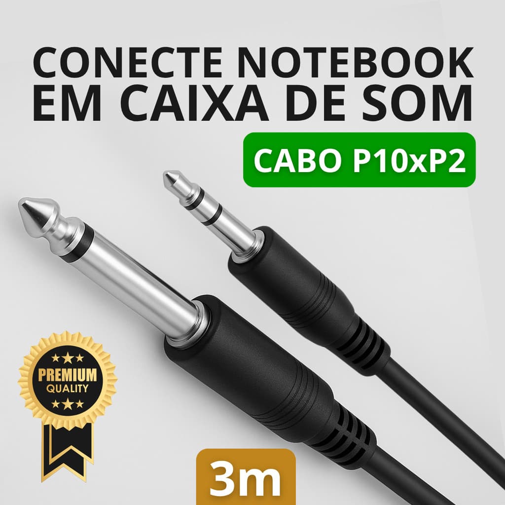 Cabo P2 Estéreo Para P10 Mono 3 Metros Áudio Profissional Conecte Notebook Celular