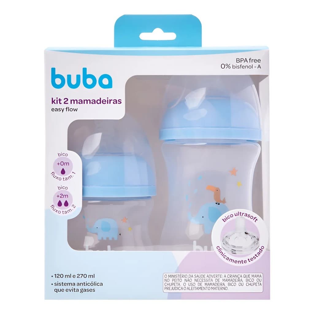 Buba Kit 2 Mamadeiras Easy Flow Elefante Azul 120ml e 270ml