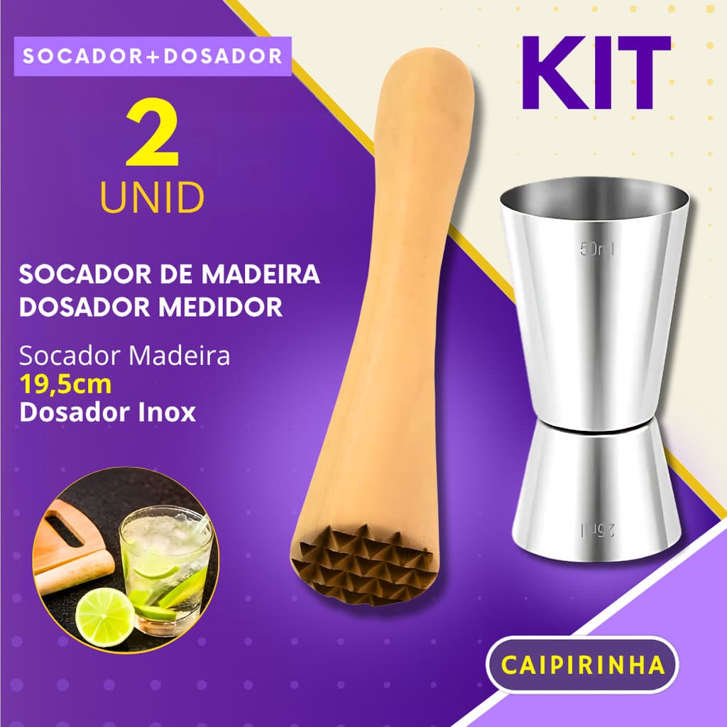 Kit Caipirinha 1 ou 2 Pçs Socador de Madeira e Dosador Inox Macerador Drinks Coqueteis Bebidas Bar