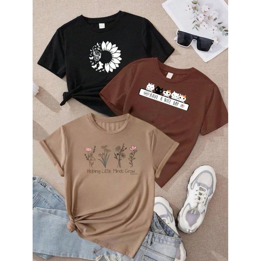 Kit com 3 blusas gatinho flores coracao animal print tendencia bege branca e preto 100% algodão