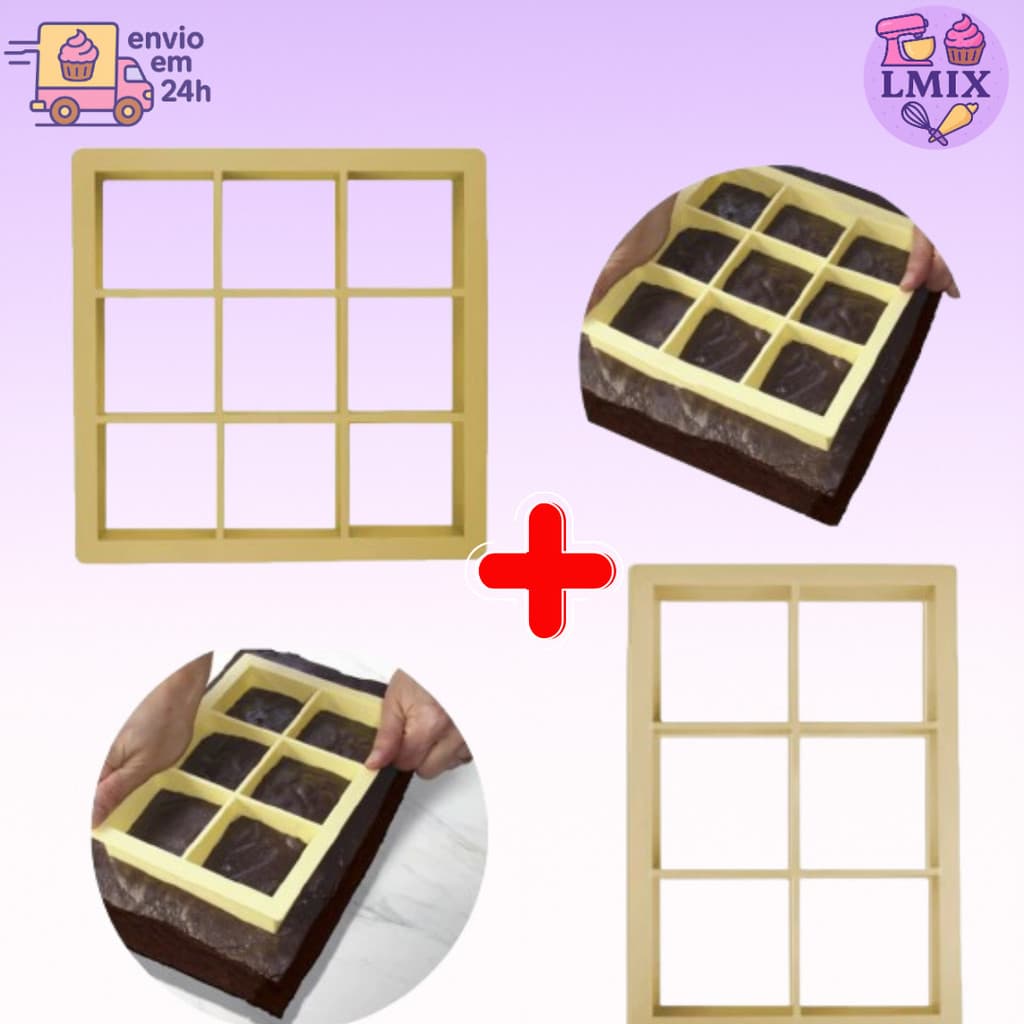 KIT 2 CORTADORES DE BROWNIE QUADRADO - 9 CORTES 5X5 - 6 CORTES 7X7 CM