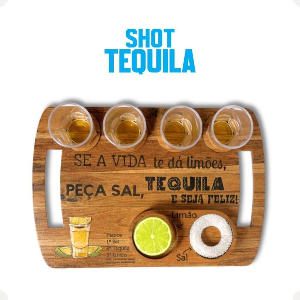 Tábua Shot Tequila Mdf Com 4 Copos Espaço Para Sal E Limão Bar Churrasco Festa Gourmet