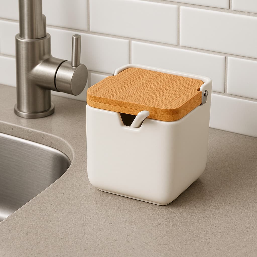 Açucareiro de Porcelana Com Colher e Tampa de Bambu Porta Saleiro Madeira Açúcar