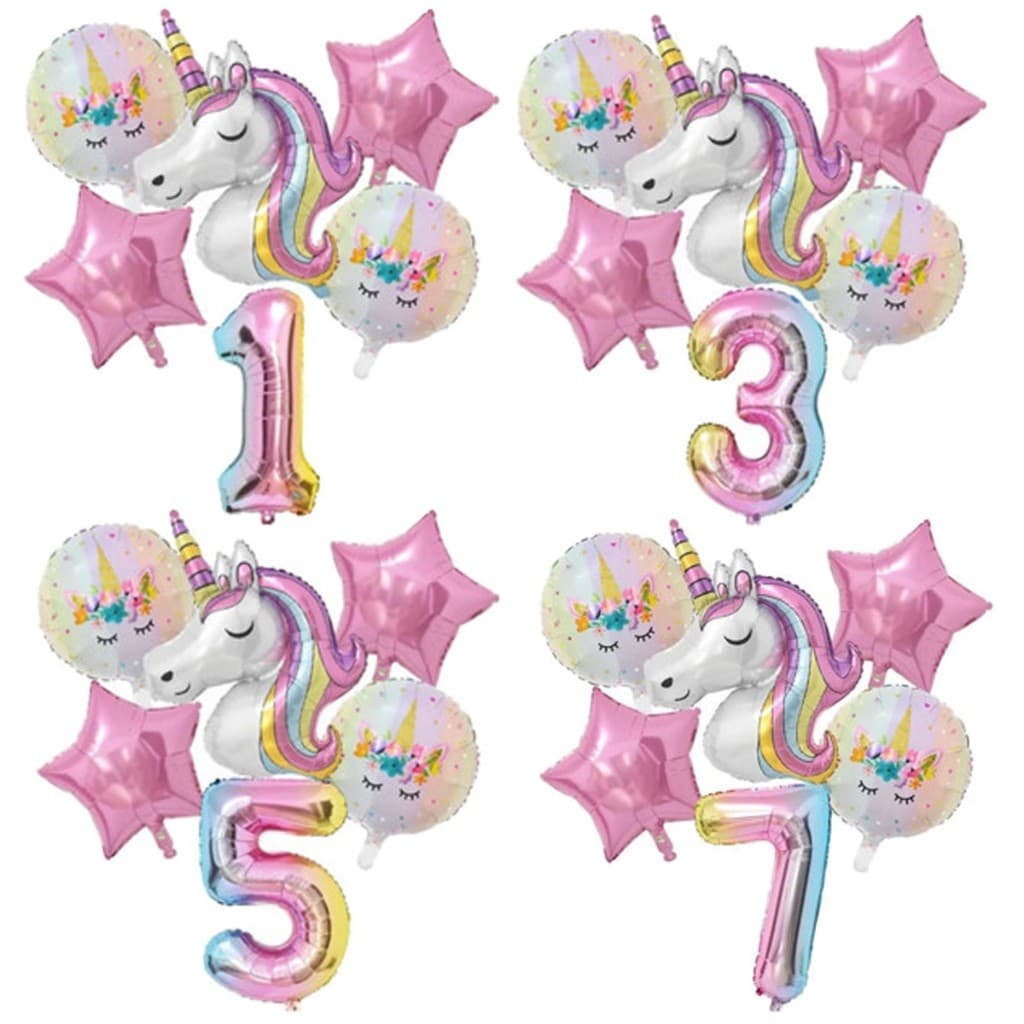 Kit 6 Balão Metalizado Unicórnio Colorido Estrela Número Grande Decoração Festa Enfeite