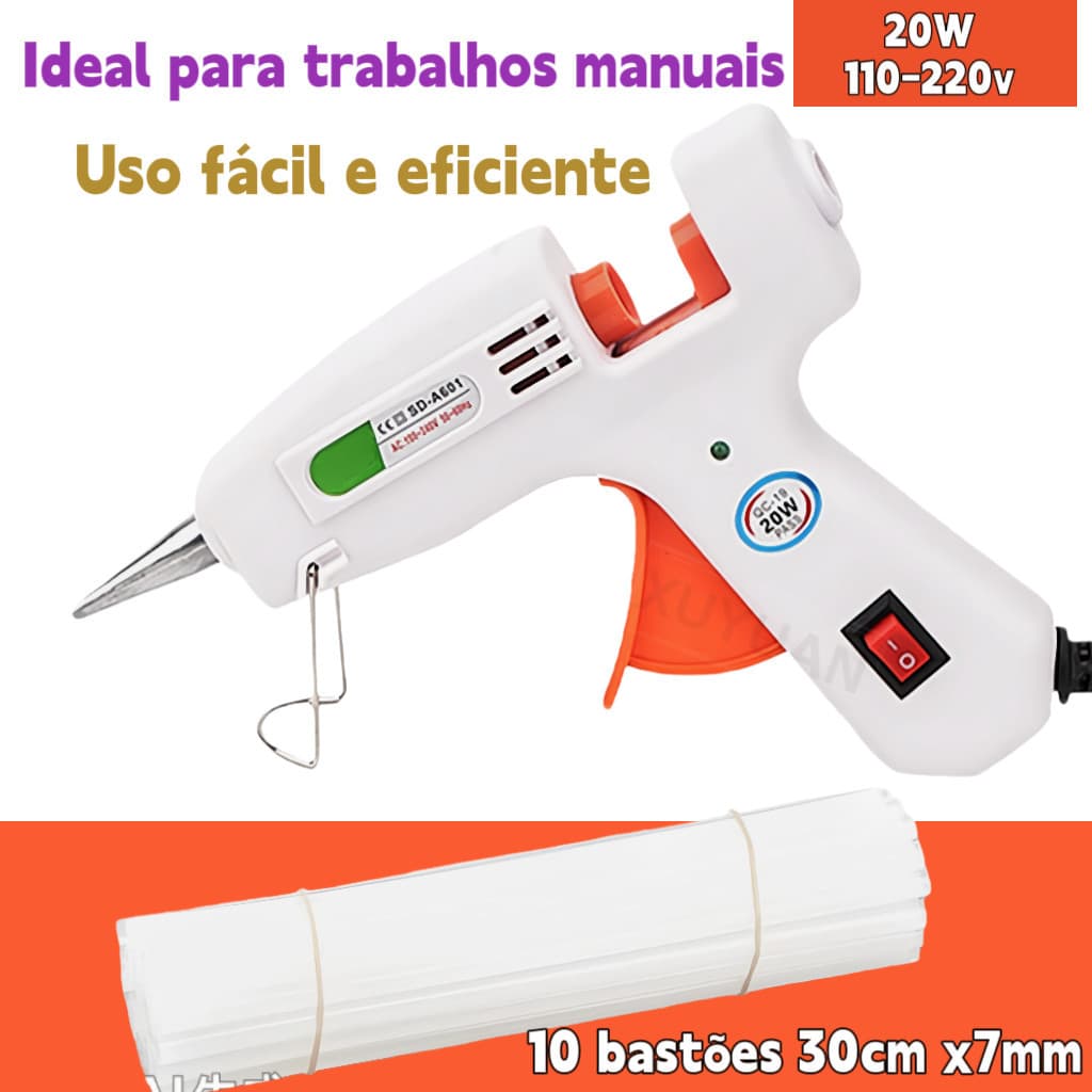 Pistola de Cola Quente Bivolt 110V/220V 20W Artesanato Profissional + 10/5 Bastões 7mm x 30cm