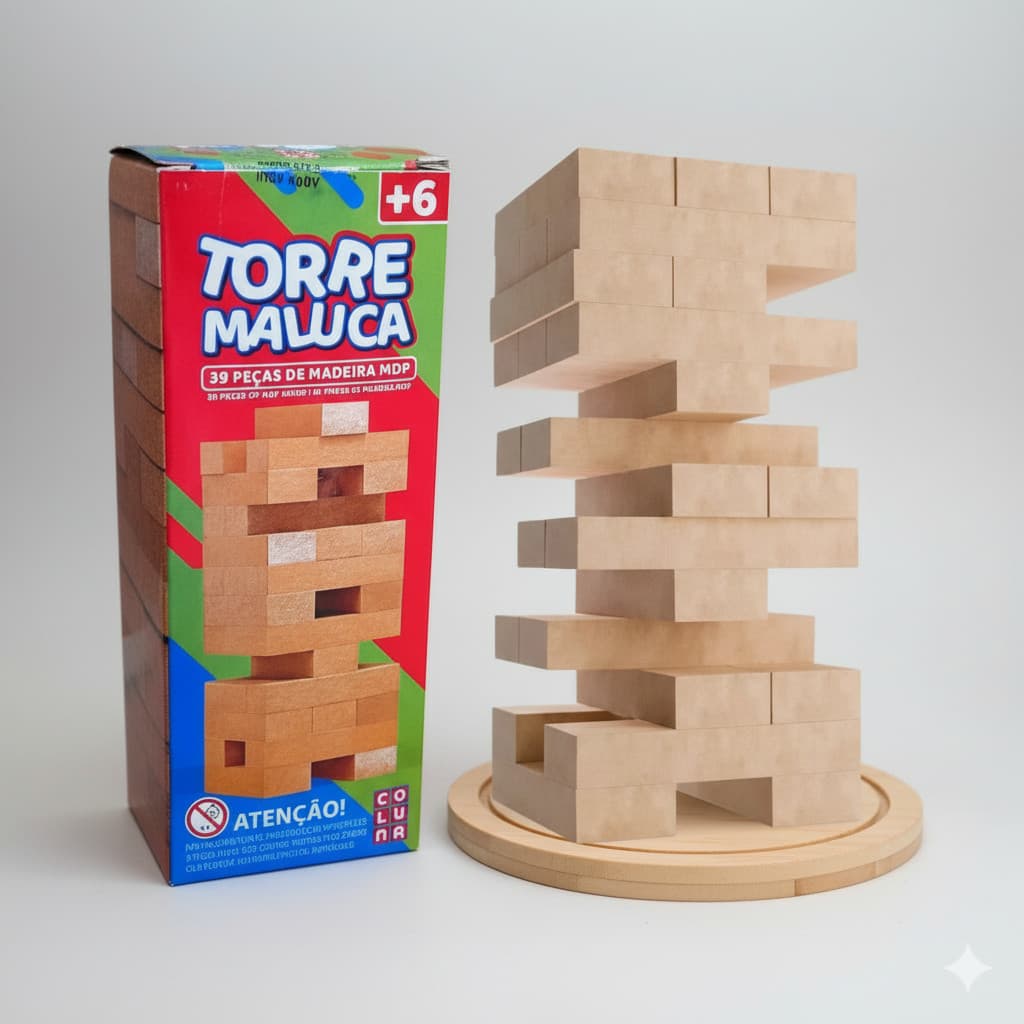 Jogo Torre Maluca – Caiu, Perdeu! Diversão, Estratégia e Equilíbrio com 39 Blocos em MDF