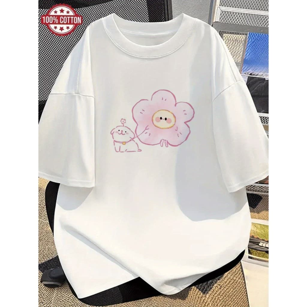 Camisa Camiseta Algodão Feminina Coelho Flor Rosa Fofo Verão Conforto 100% T-shirt Premium Postagem Rapida