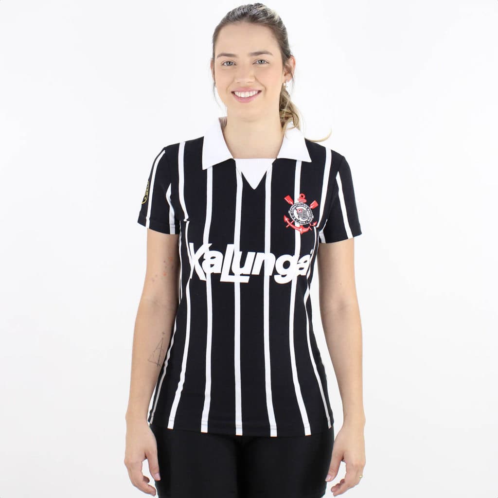 Camiseta de Time Coimbra Corinthians Listrada Preto e Branco - Feminino