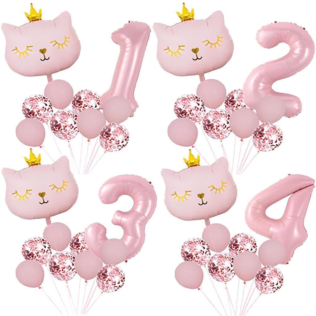 Balão Gato + Número com 10 Balões Metalizados Gatinha Gata Bexiga Confete Decoração Festa Aniversário Pet Enfeite