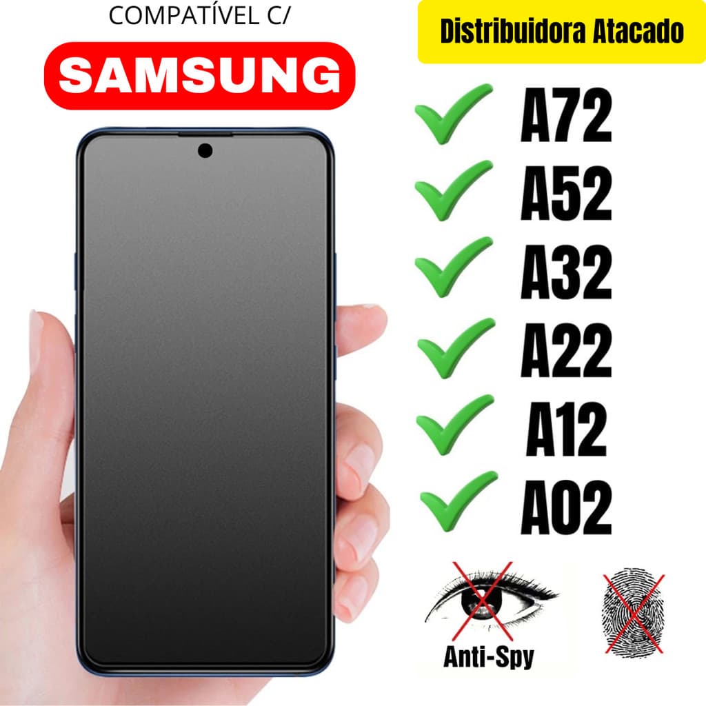 Película Cerâmica Privacidade Fosca 3D P/ Samsung A72 / A52 / A32 / A22 / A12 / A02 Matte AntiSpy