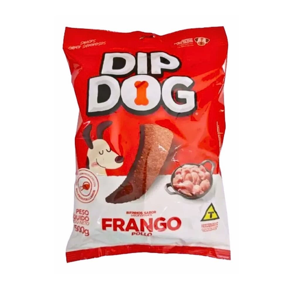 1 pacote com 500 gramas cada Bifinho Cachorro Petisco Snacks Sabor Carne ou Frango Dip Dog