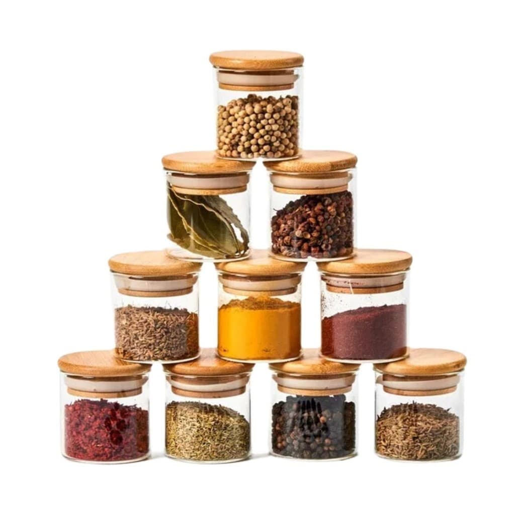 Kit 10 Potes Porta Mantimentos de Vidro Tampa de Bambu Hermetica 200ml