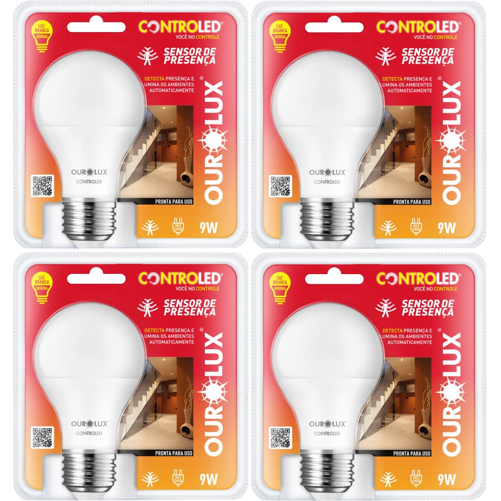 Kit 4 Lâmpada c/ Sensor de Presença – Luz Branca Morna - Ourolux