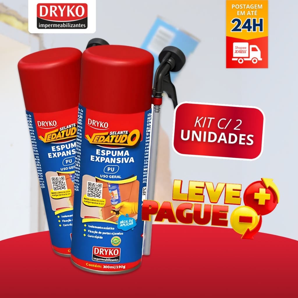 Kit 2 Espuma Expansiva 300ml Selante Porta Janela Uso Geral Obra Vedatudo - Dryko