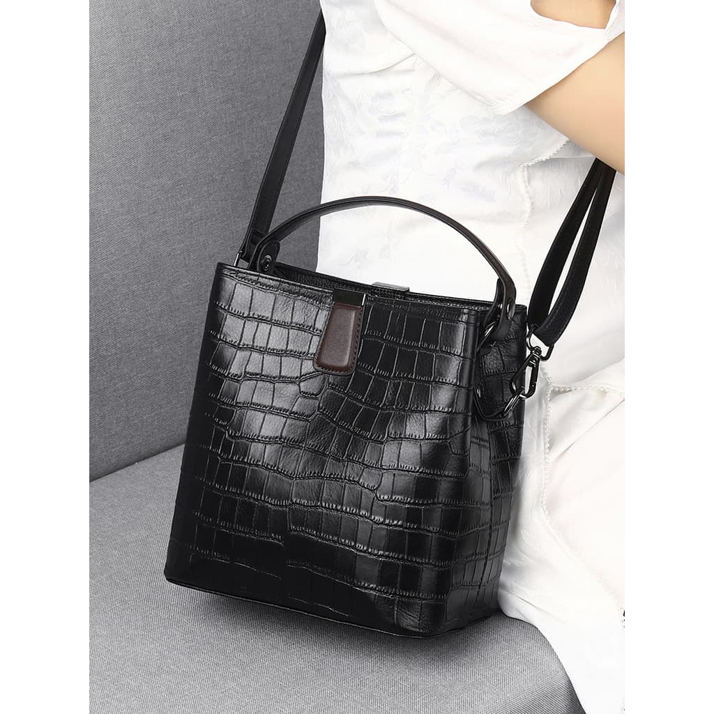 Bolsa balde alça de ombro larga 2026 novo estilo moda couro genuíno Vertical bolsa feminina High-End padrão de crocodilo