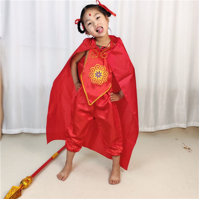 Crianças vermelhas crianças roupas viagem para o oeste meninos meninas barriga calças manto Nezha desempenho traje adere