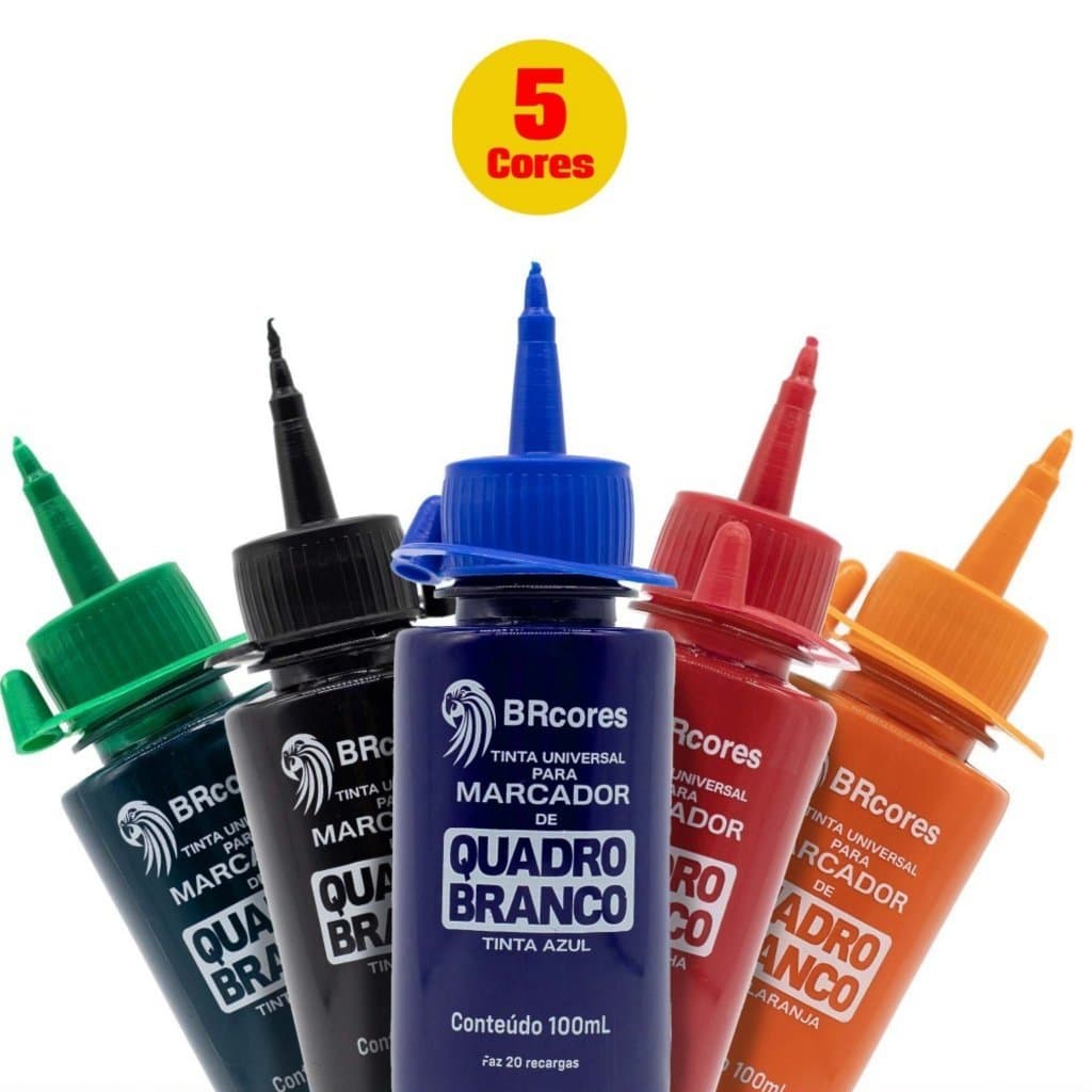 KIT 5 Cores 100ml's para Marcador de Quadro Branco - Azul, Preto, Vermelho, Verde e Laranja