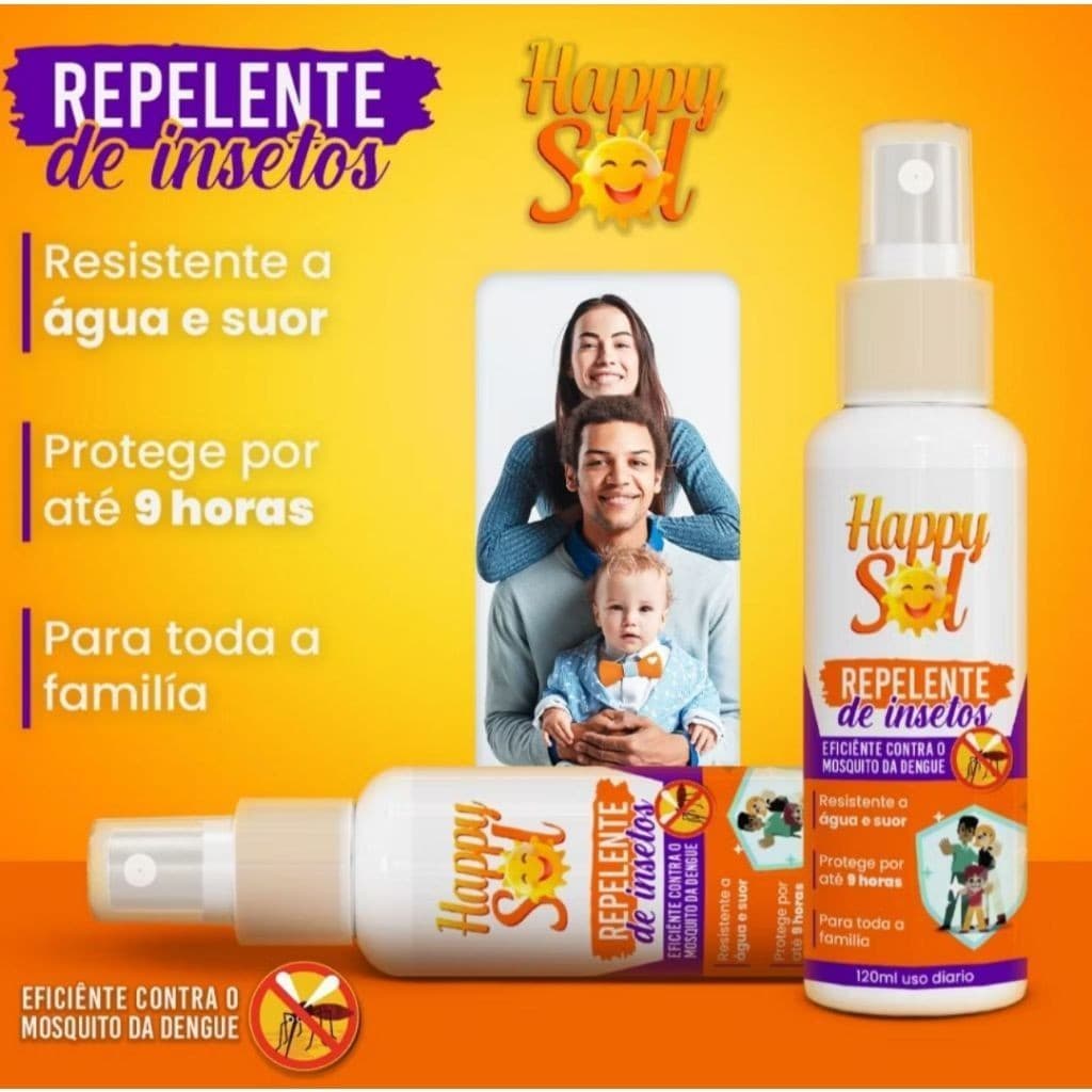 Spray Repelente de Insetos 120ml Happy Sol |9h Proteção| Contra Mosquitos, Dengue, Zika, Chikungunya
