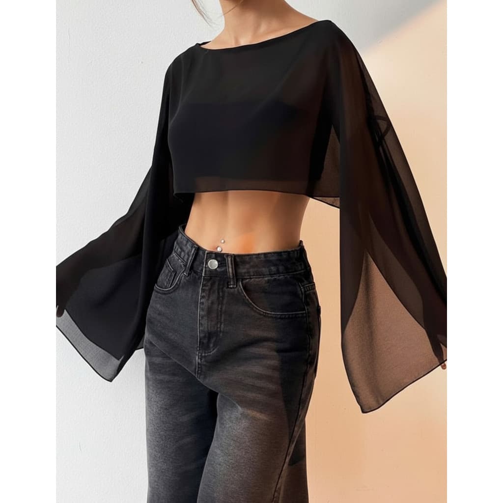 Cropped Tule Boho Manga Longa Flare Feminino