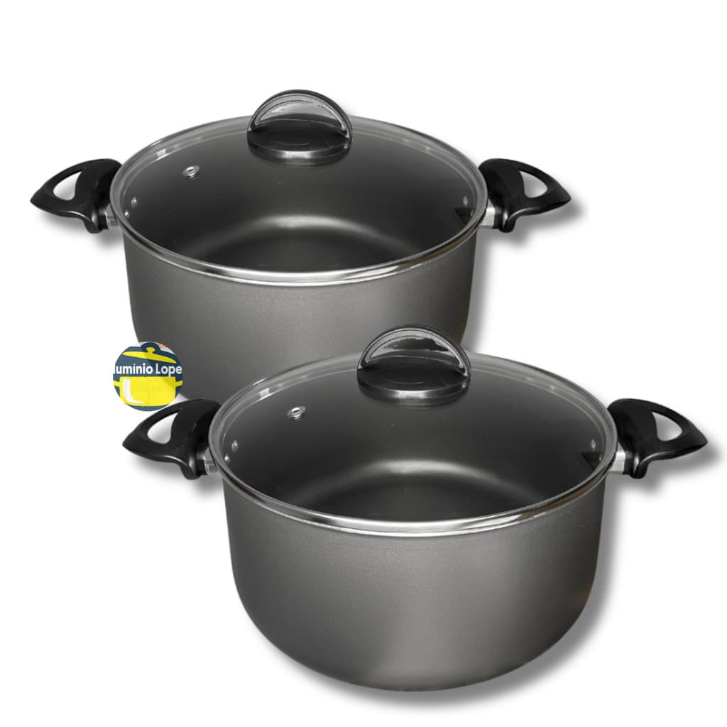Kit Jogo Panela Caçarola Plus 2 peças Tamanho Grande 22 e 24 cm Antiaderente Tampa de Vidro Cor Grafite