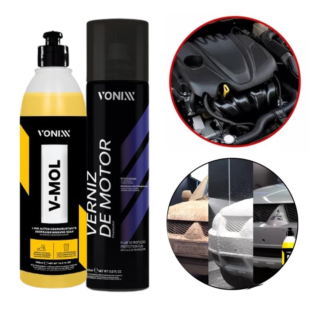 Kit Shampoo V-mol Vonixx + Verniz de Motor Aerosol Vonixx