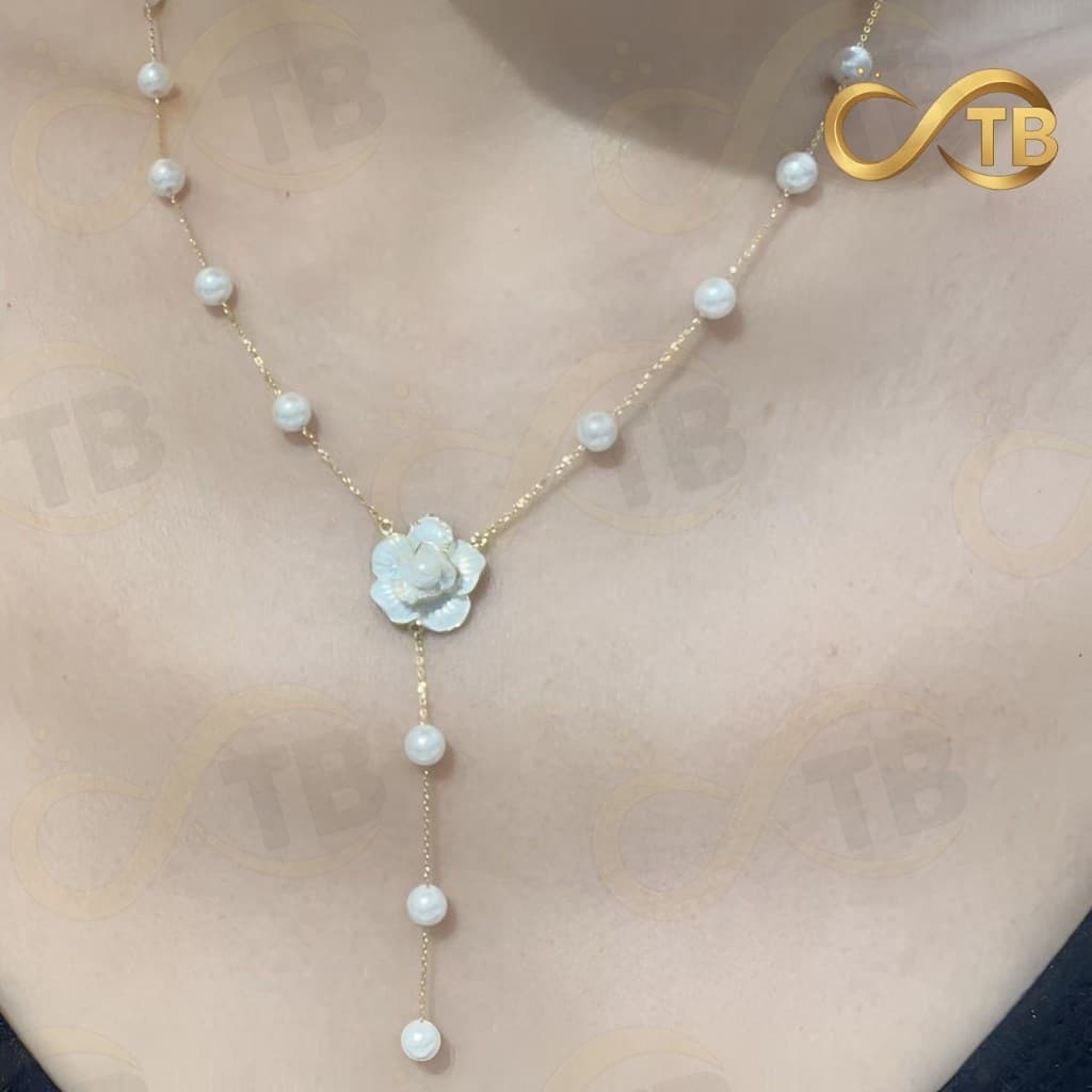 TB Moda Feminino Sofisticado Elegante de Pérolas  Lariat Pérolas com Pingente Floral Dourado e Prata