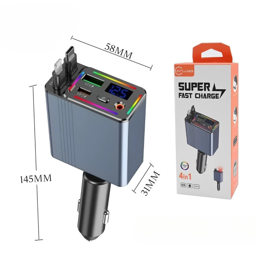 Carregador Veicular 4 em 1 Super Rápido — USB + Tipo-C + Cabos Embutidos | Display LED | 36W Fast Charge ming